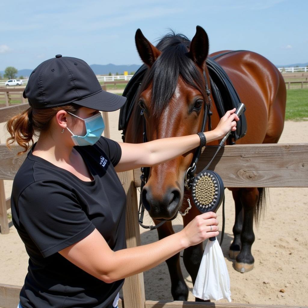 Preparing for a Clydesdale horse riding experience.