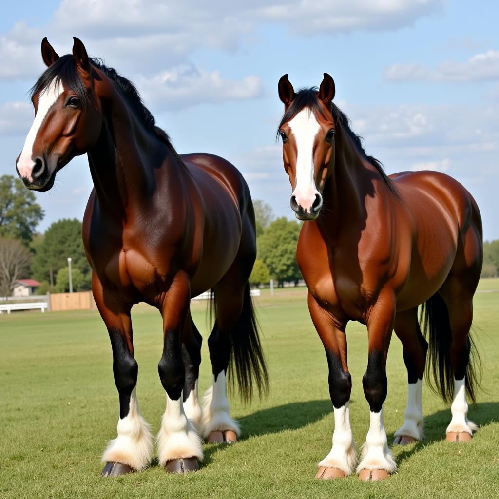 Clydesdale and Shire horses standing side-by-side