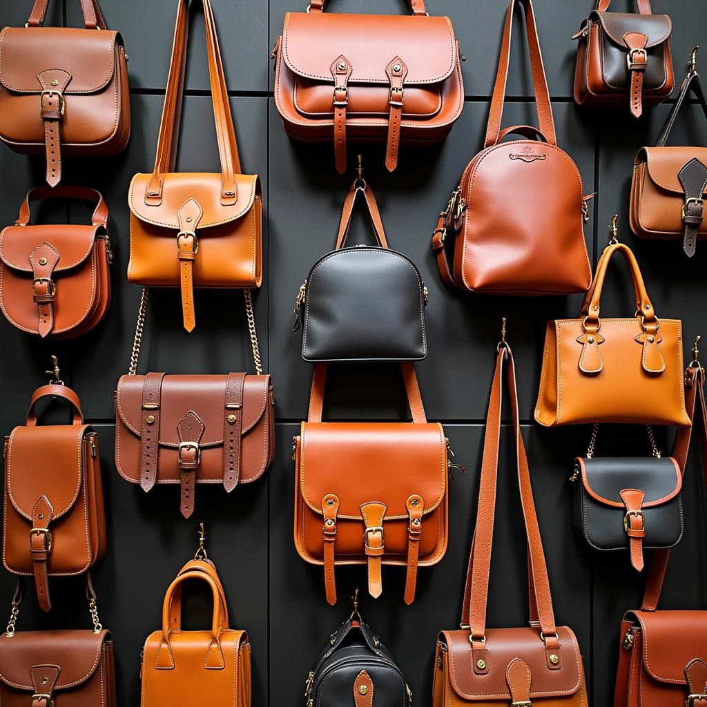 A diverse collection of leather horse purses displayed on a shelf.