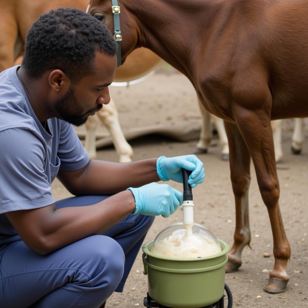 A veterinarian assisting with colostrum collection from a mare