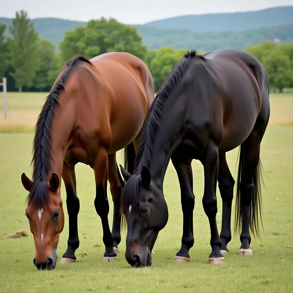 Two horses grazing peacefully together in a lush pasture