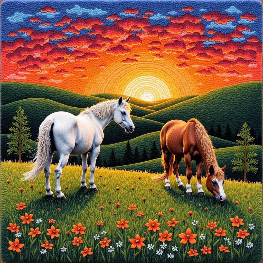 A completed horse latch hook rug with a scenic background