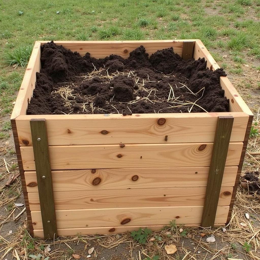 A wooden compost bin filled with layers of horse manure and straw.