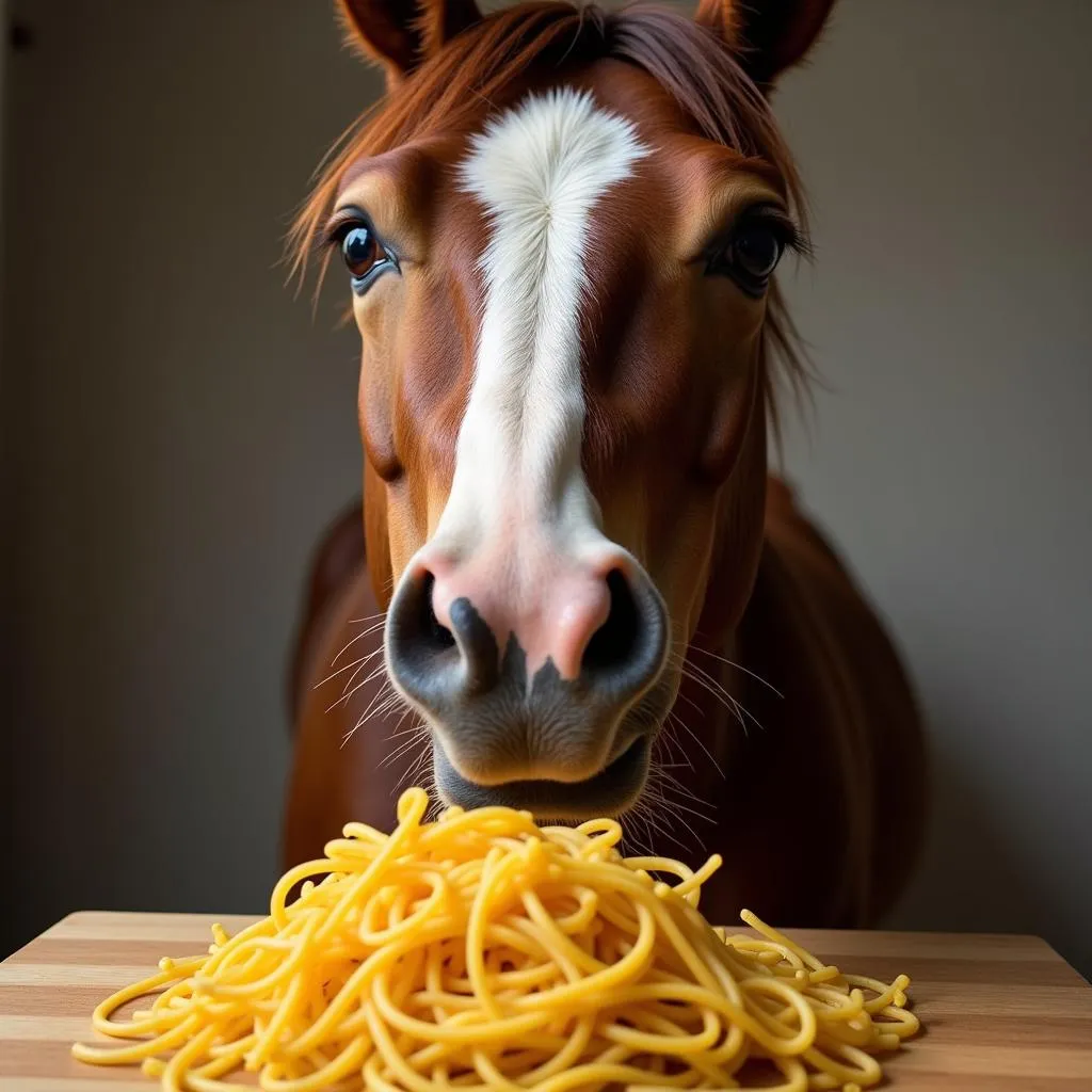 Horse with a Confused Expression Looking at Spaghetti