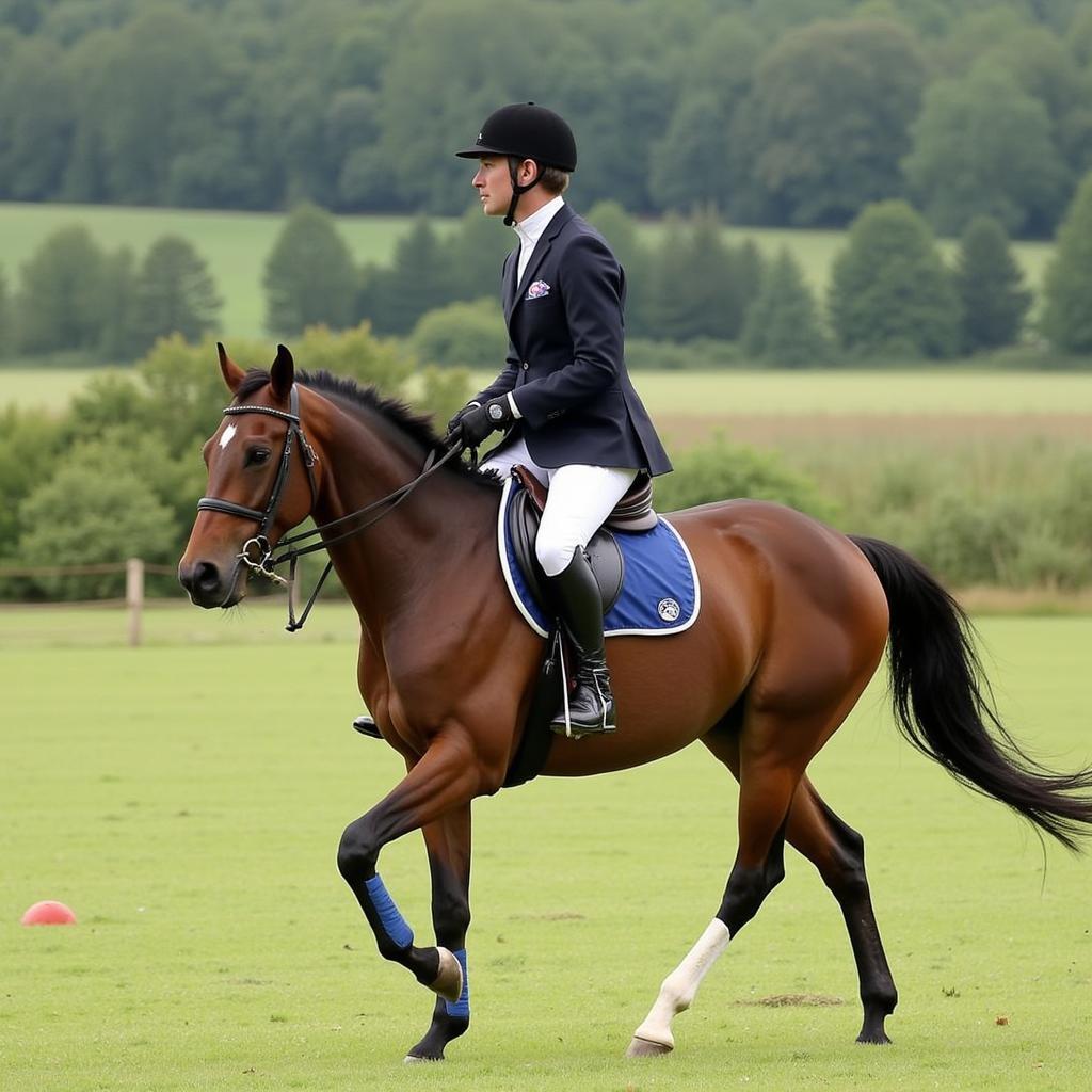 A Cooley horse and rider clearing a jump in a show jumping competition