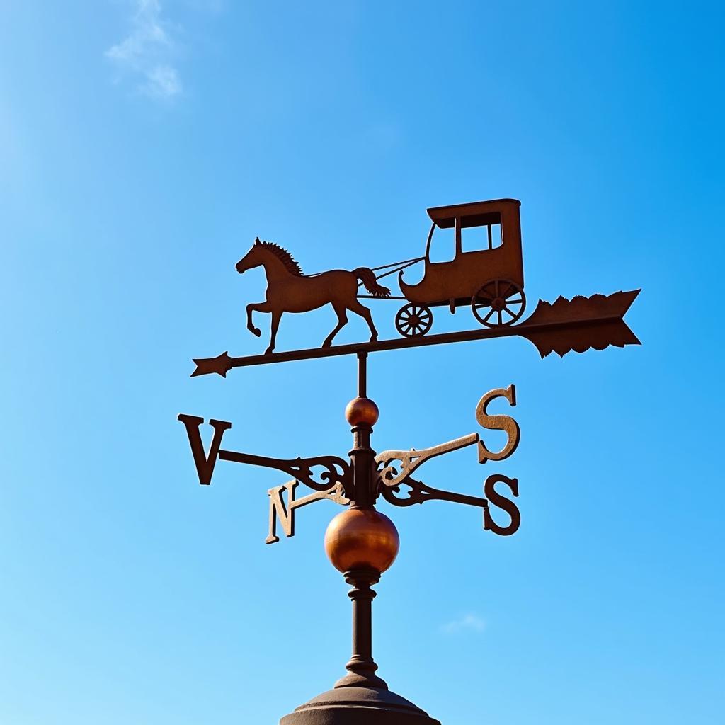 Ornate Copper Horse and Buggy Weathervane against a Blue Sky