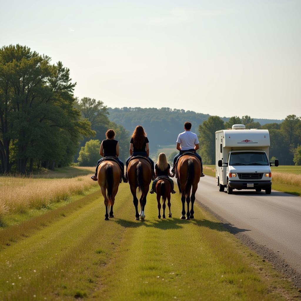 A couple and their dog enjoying the outdoors, their horse trailer parked nearby