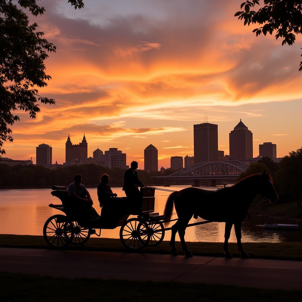 A couple enjoys a romantic horse drawn carriage ride along the Cincinnati riverfront at sunset