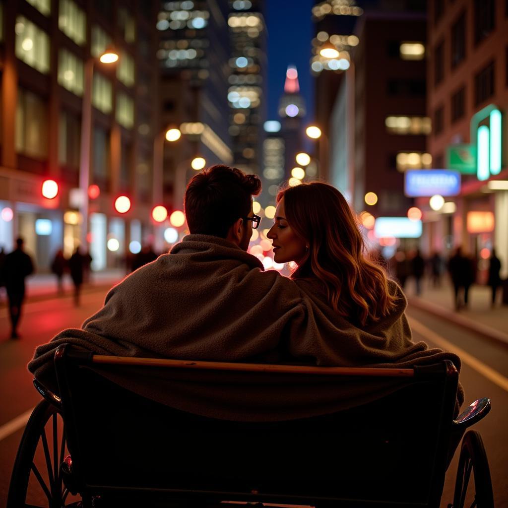 A couple enjoys a romantic evening horse-drawn carriage ride in Atlanta