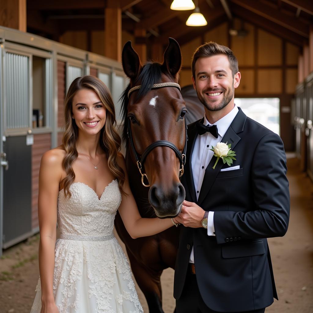 Couple Posing with Horse in Stable