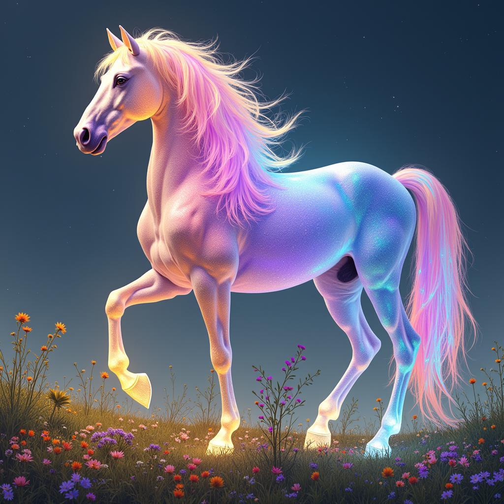 Crystalline horse with flowing rainbow mane