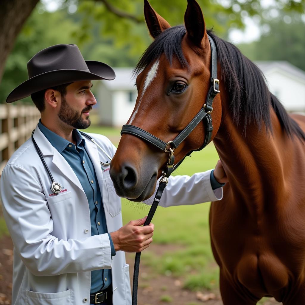 Curtis examining a horse's leg