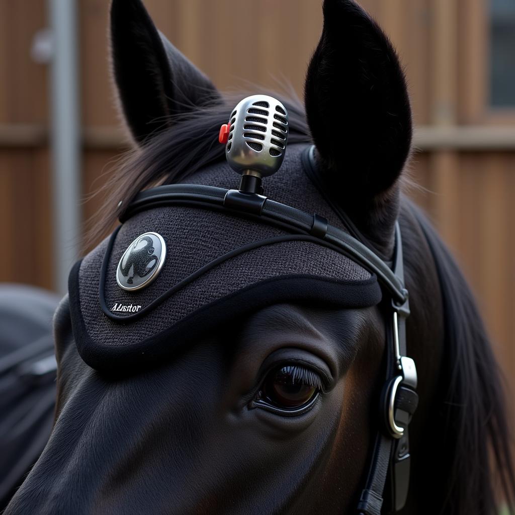 Custom horse riding helmet with Alastor's radio microphone.