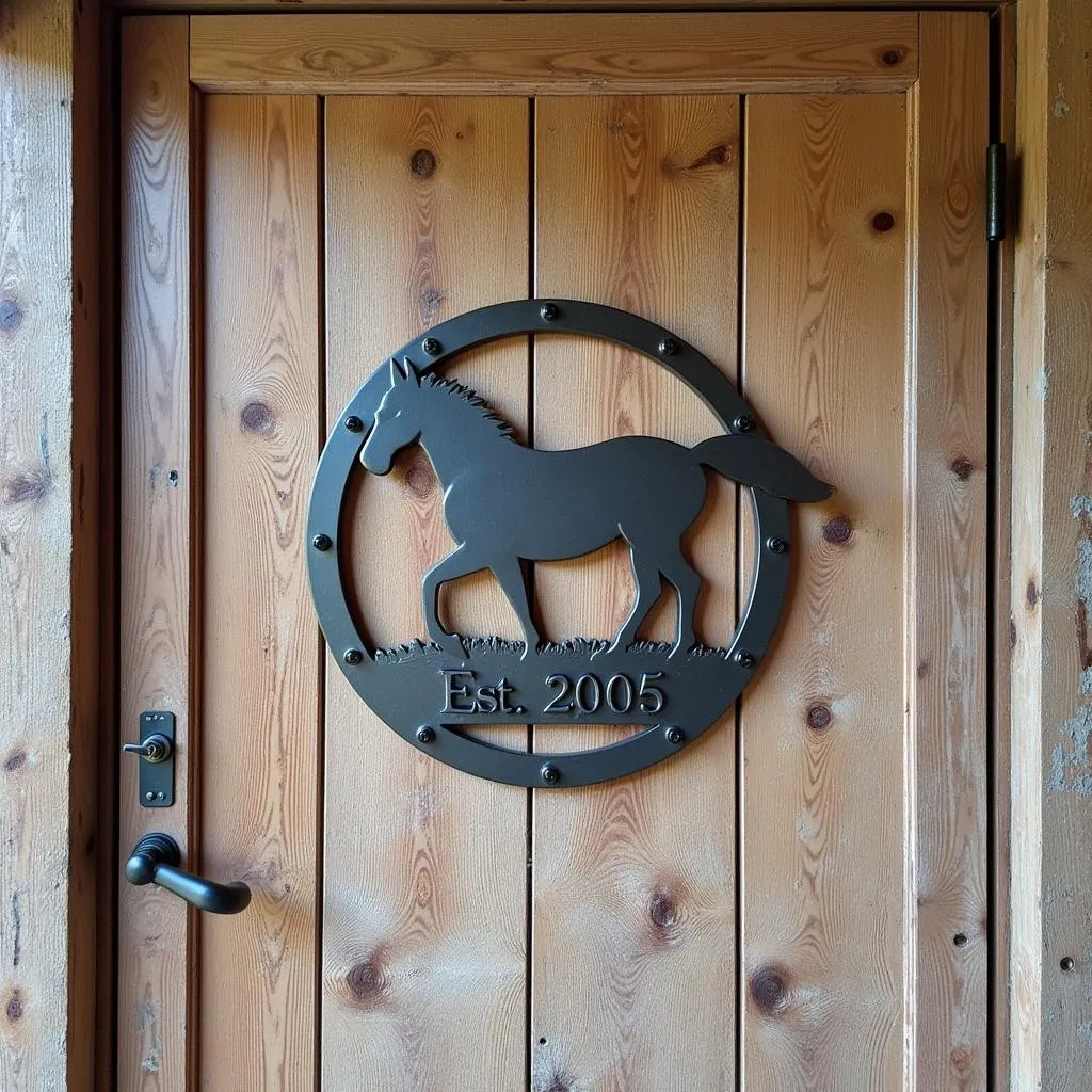 Custom metal horse sign displayed on a wooden barn door