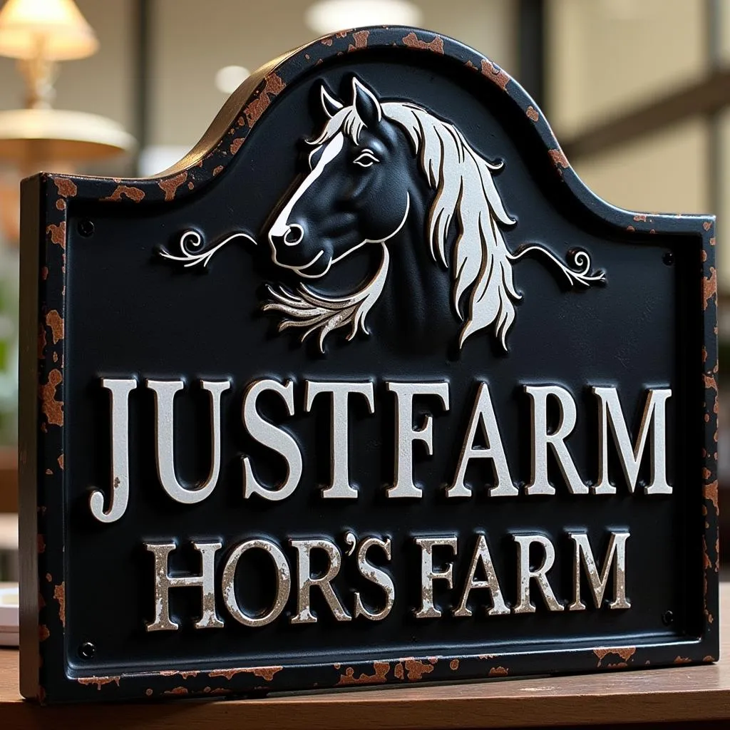 Custom metal horse sign displaying a farm name