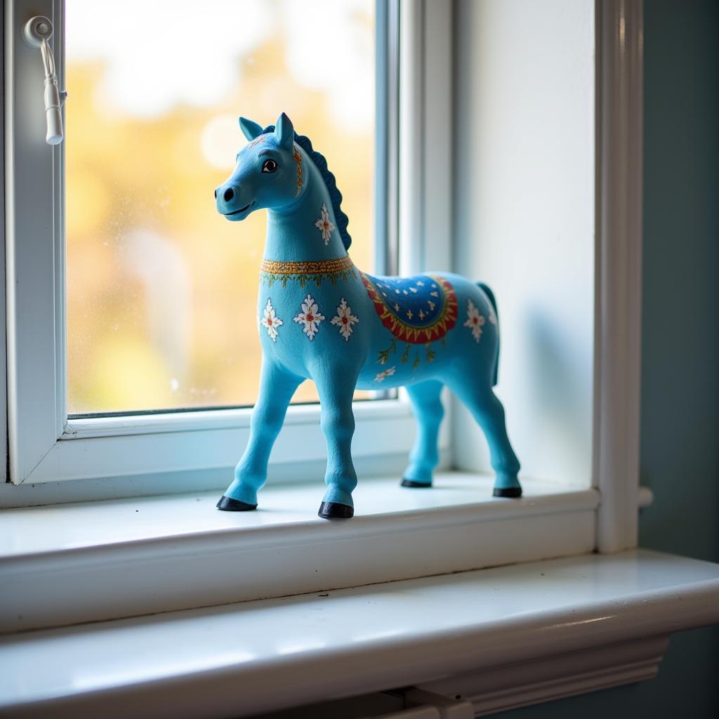 Blue dala horse ornament on a window sill