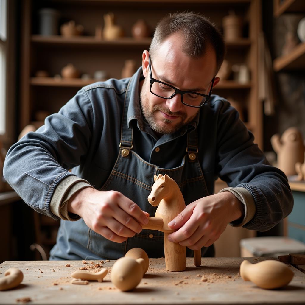 Traditional dala horse carving in workshop