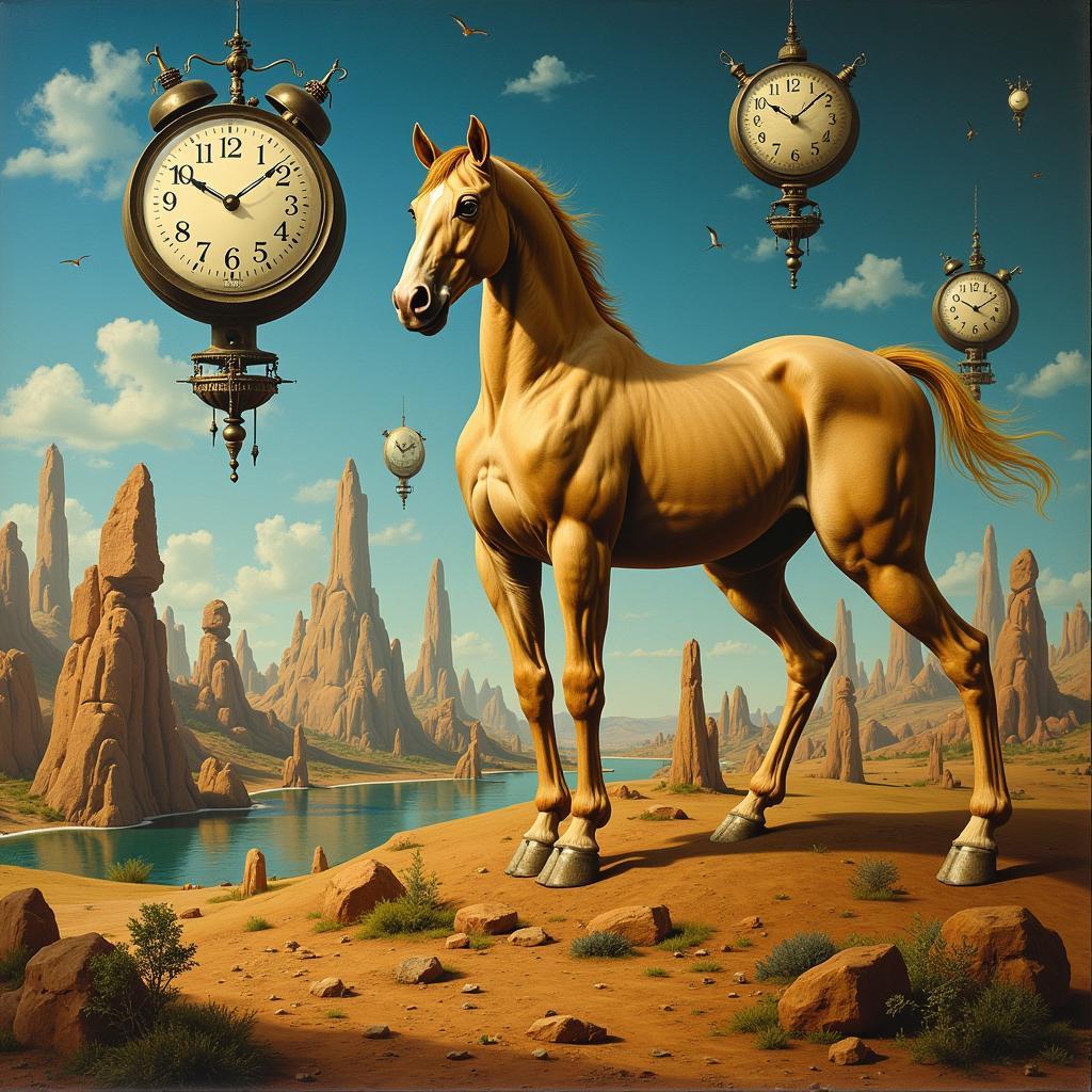 A surreal landscape with a distorted horse figure in the foreground, reflecting the dreamlike quality of Dali's work