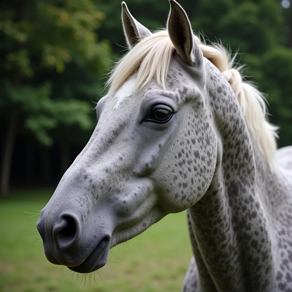 Close-up portrait of a dapple grey paint horse showcasing its unique coat