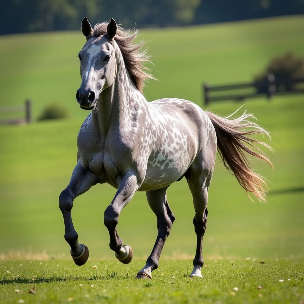 A dapple grey paint horse galloping freely in a lush green field