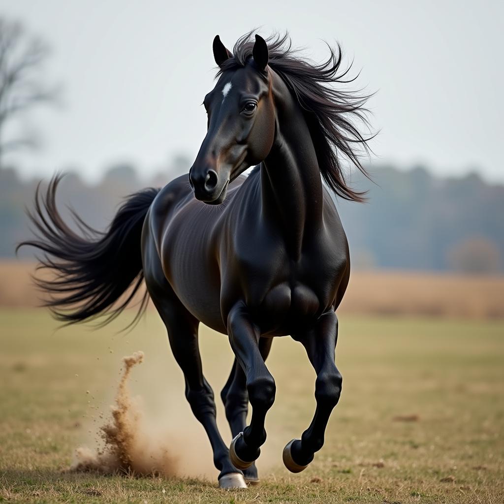 Dark Horse Running Through Field