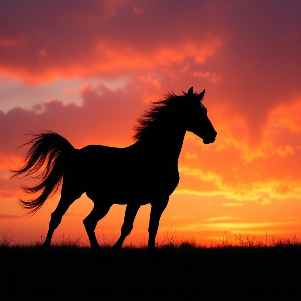 Dark horse silhouetted against a vibrant sunset