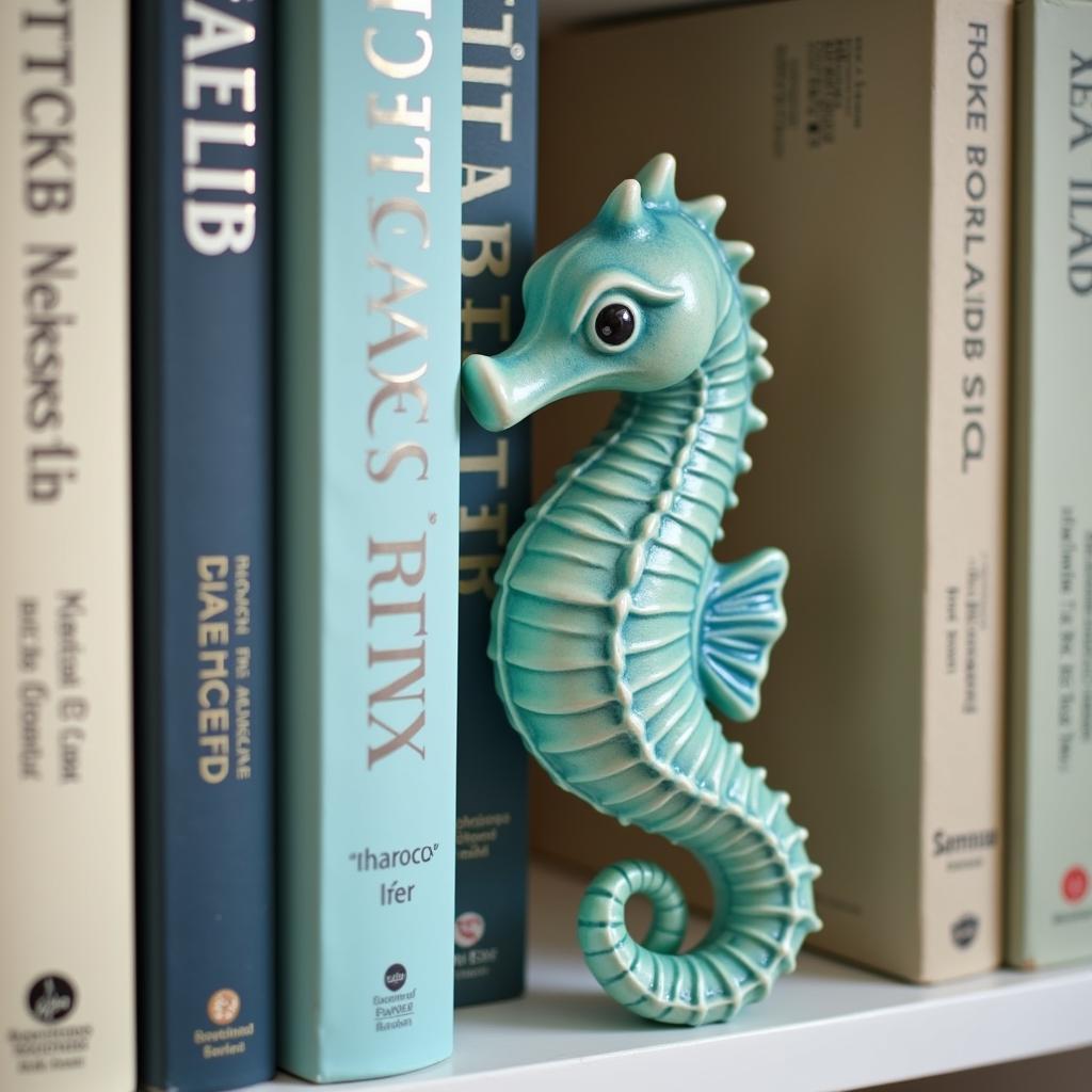 Decorative sea horse figurine on a bookshelf