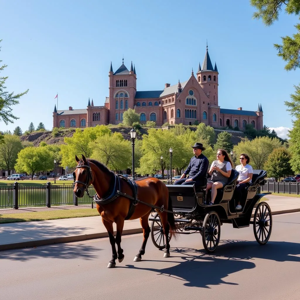 Horse drawn carriage ride passing by landmarks in Denver