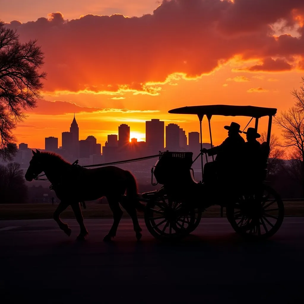 Horse drawn carriage ride during sunset in Denver