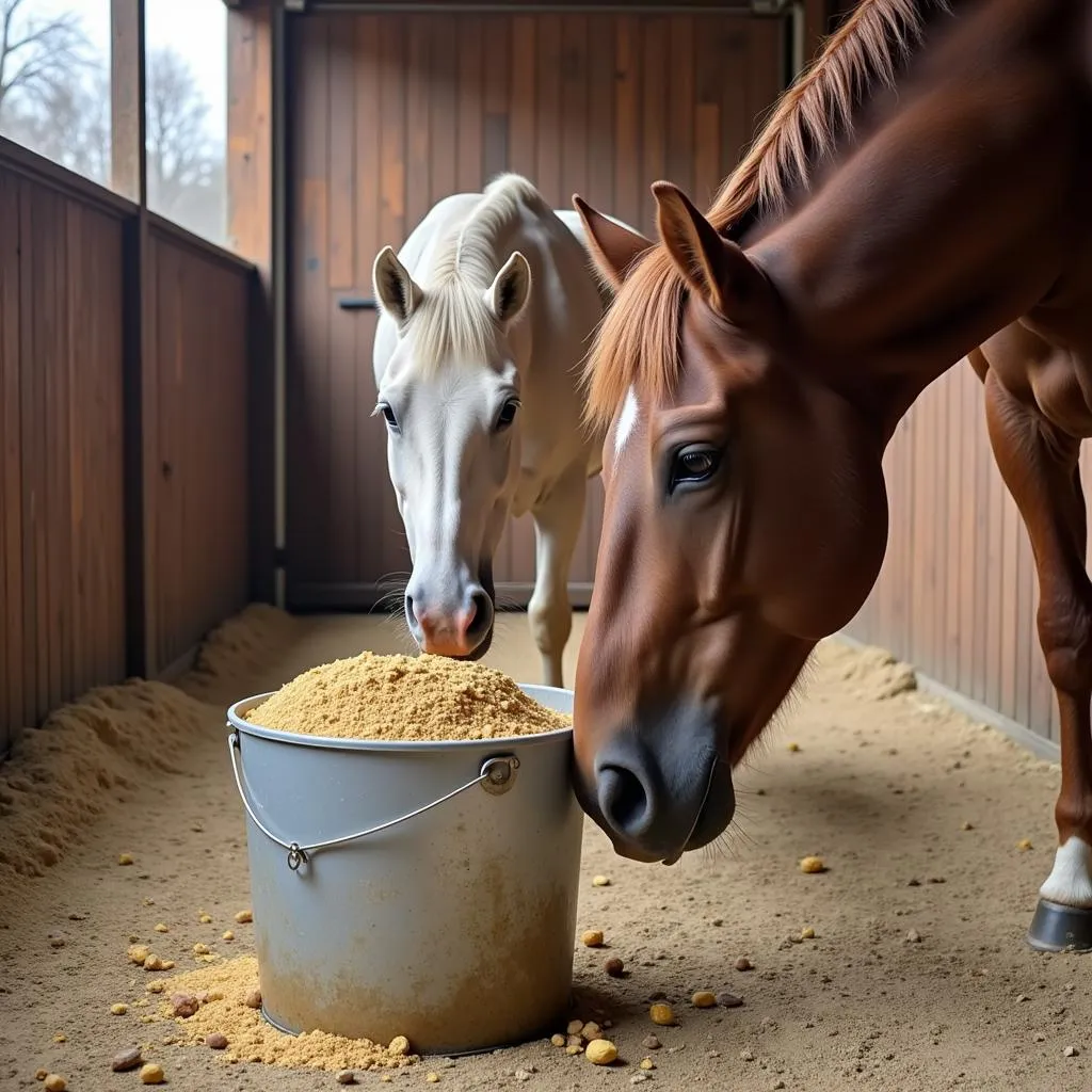 Horse eating feed with diatomaceous earth