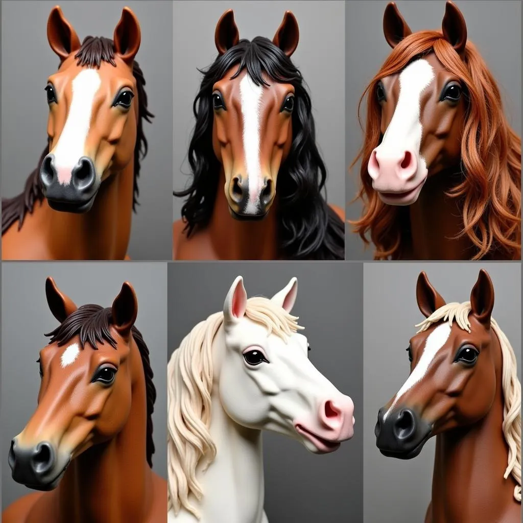 A variety of hobby horse heads with unique designs and features