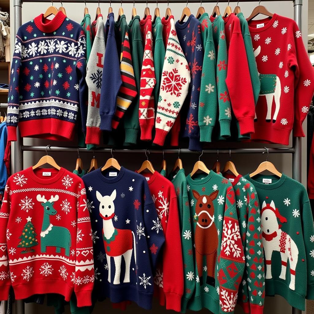 A collection of different horse Christmas sweaters hanging on a rack.