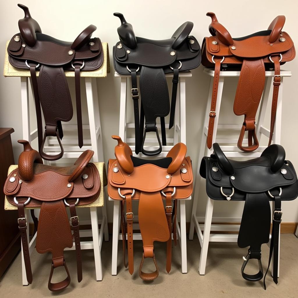 Various types of horse saddles on display