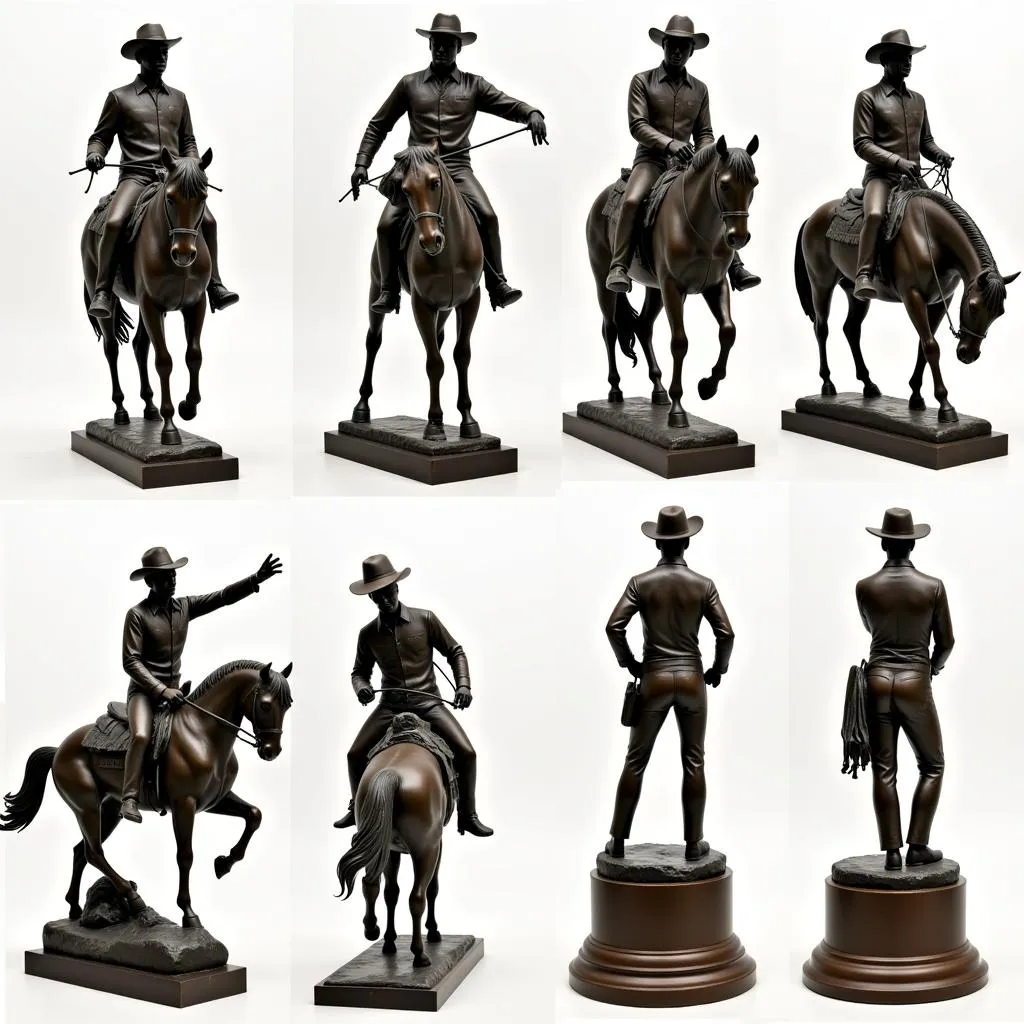 Variety of bronze cowboy statues in different styles and poses