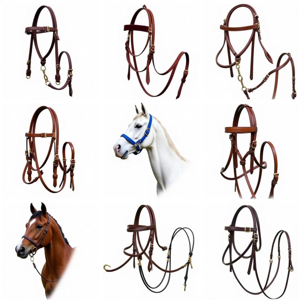 Different types of brown horse bridles