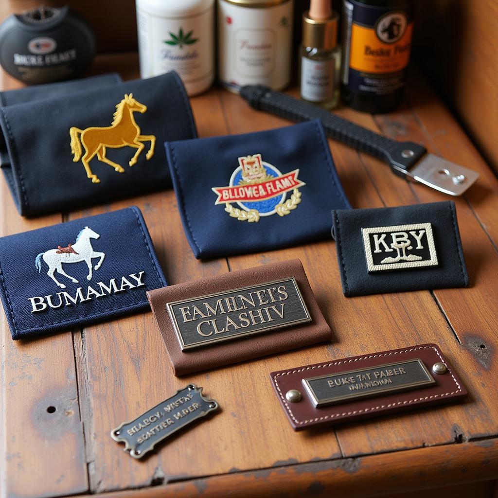 Various horse blanket name tags displayed on a table.