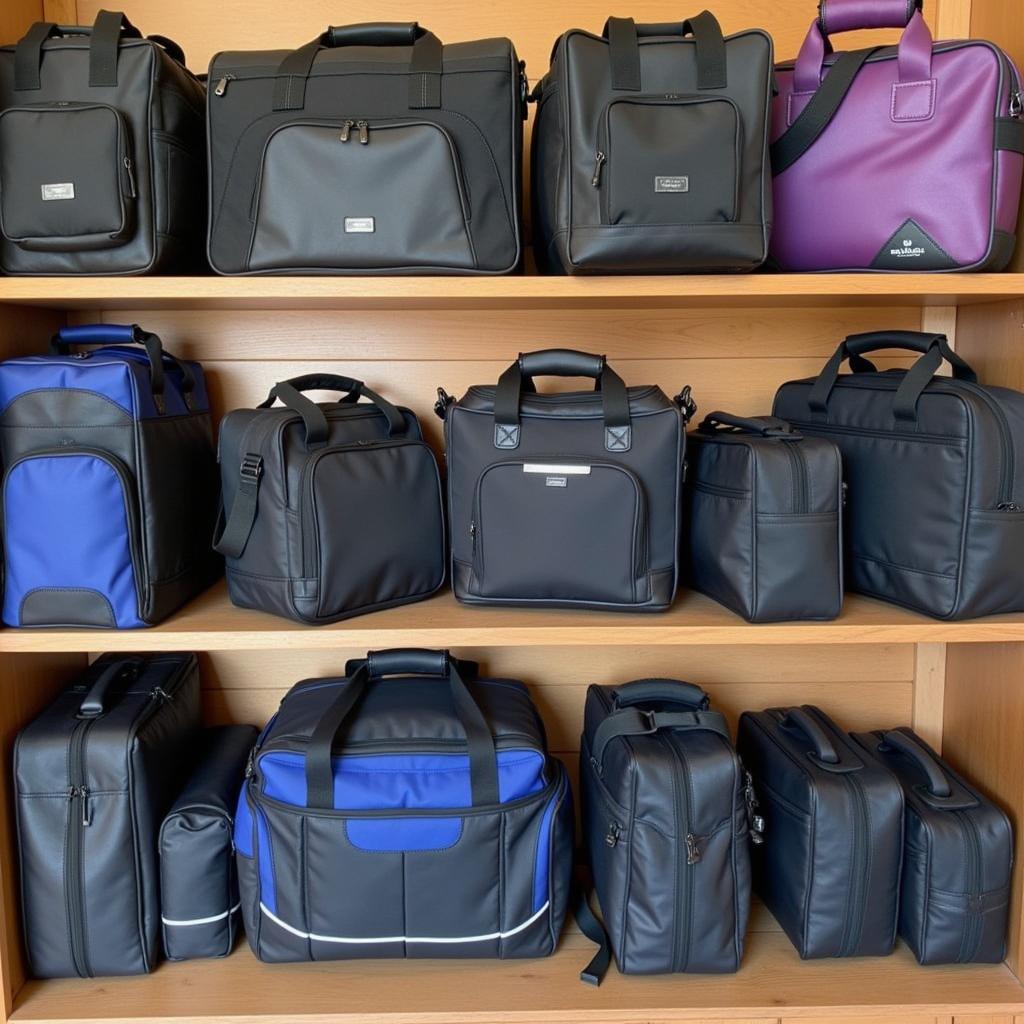 Various horse grooming bags on display