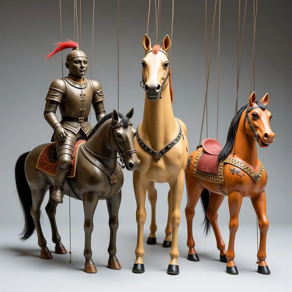 A variety of horse marionettes on display