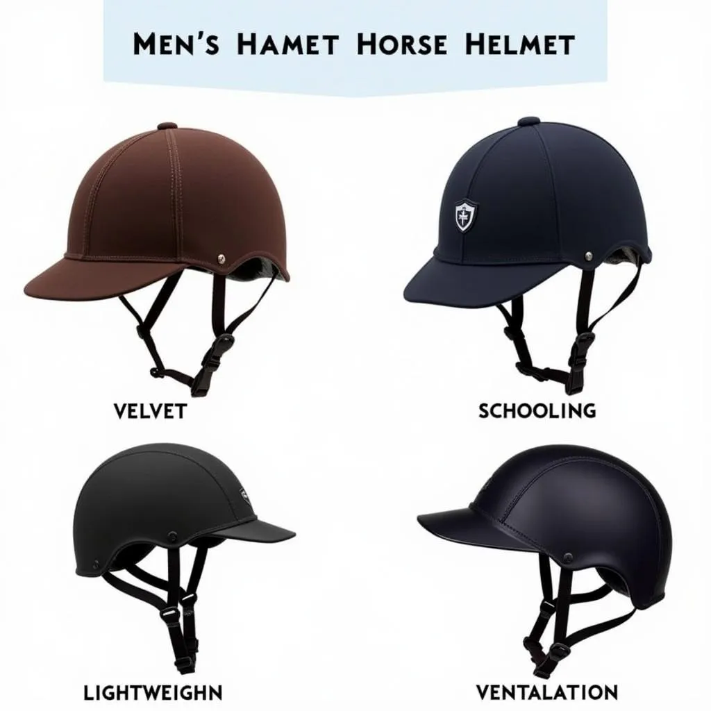 Display of various men's horse helmets