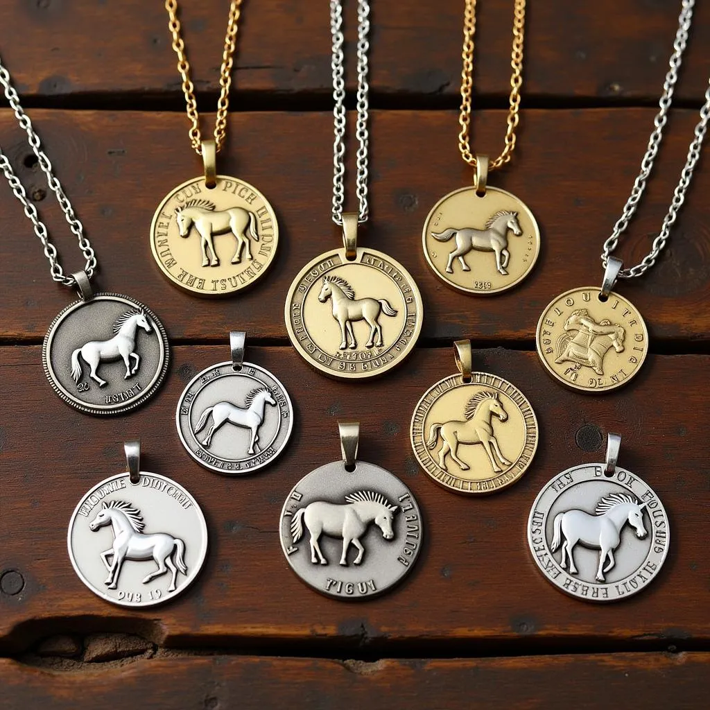 Various styles of horse coin necklaces on display