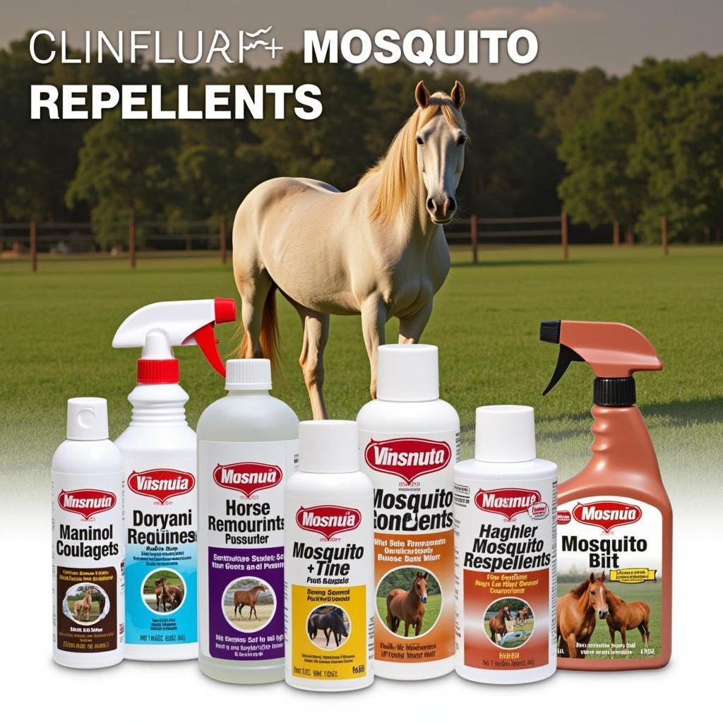 Various forms of mosquito repellent products for horses: sprays, wipes, roll-ons, and essential oils.