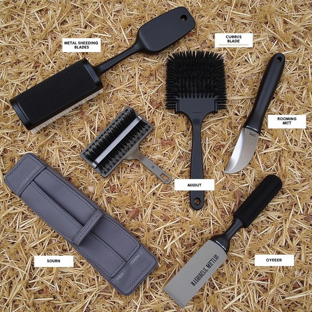 Various horse moulting brushes including shedding blades, curry combs, and rubber grooming mitts