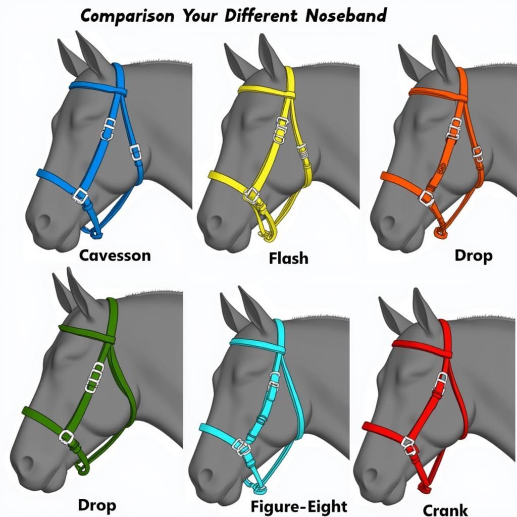 Various Horse Nosebands: Cavesson, Flash, Drop, Figure-Eight, Crank