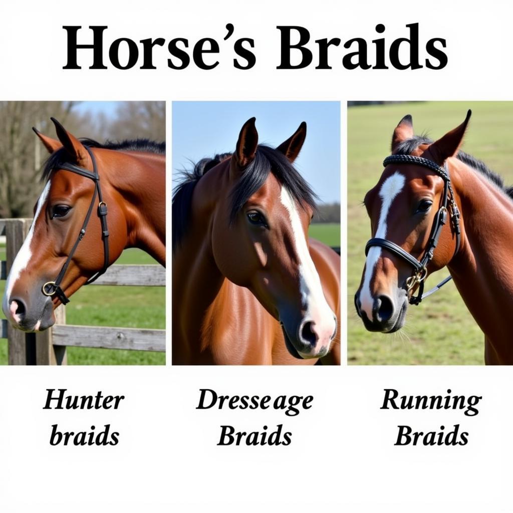 Examples of hunter, dressage, and running braids on horses