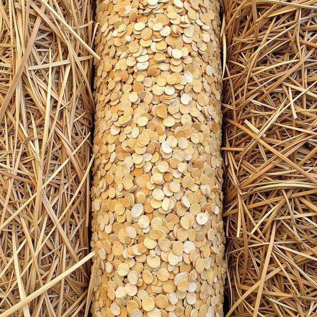 Bales of various straw types for horse bedding.