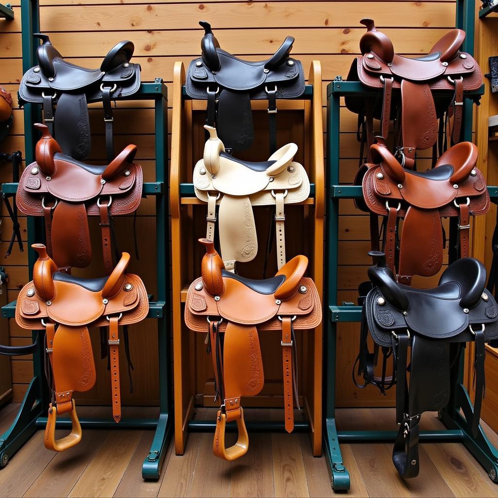 Various types of youth saddles displayed on saddle racks