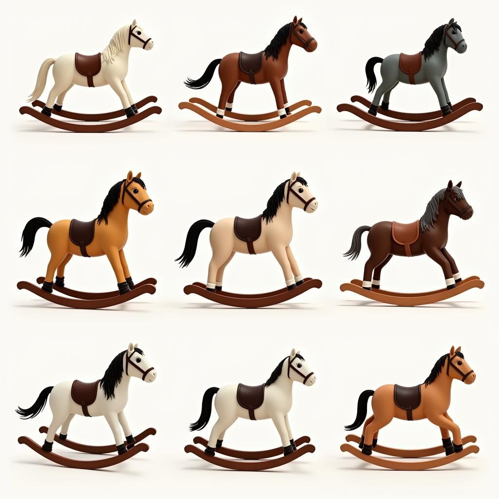 A collage showcasing the variety of rocking horses available, including traditional wooden, spring, glider, and plush designs.