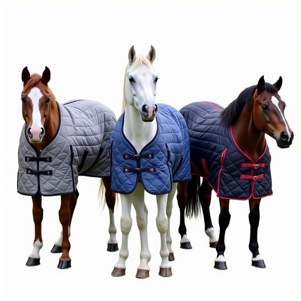 Lightweight, medium-weight, and heavyweight miniature horse turnout blankets.