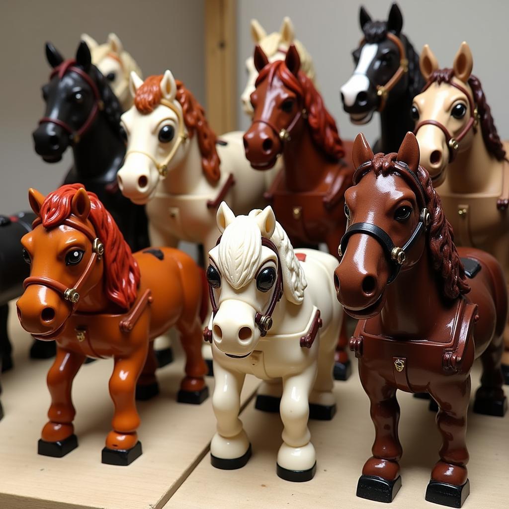 A collection of Lego horses showcasing diverse Lego horse barding styles