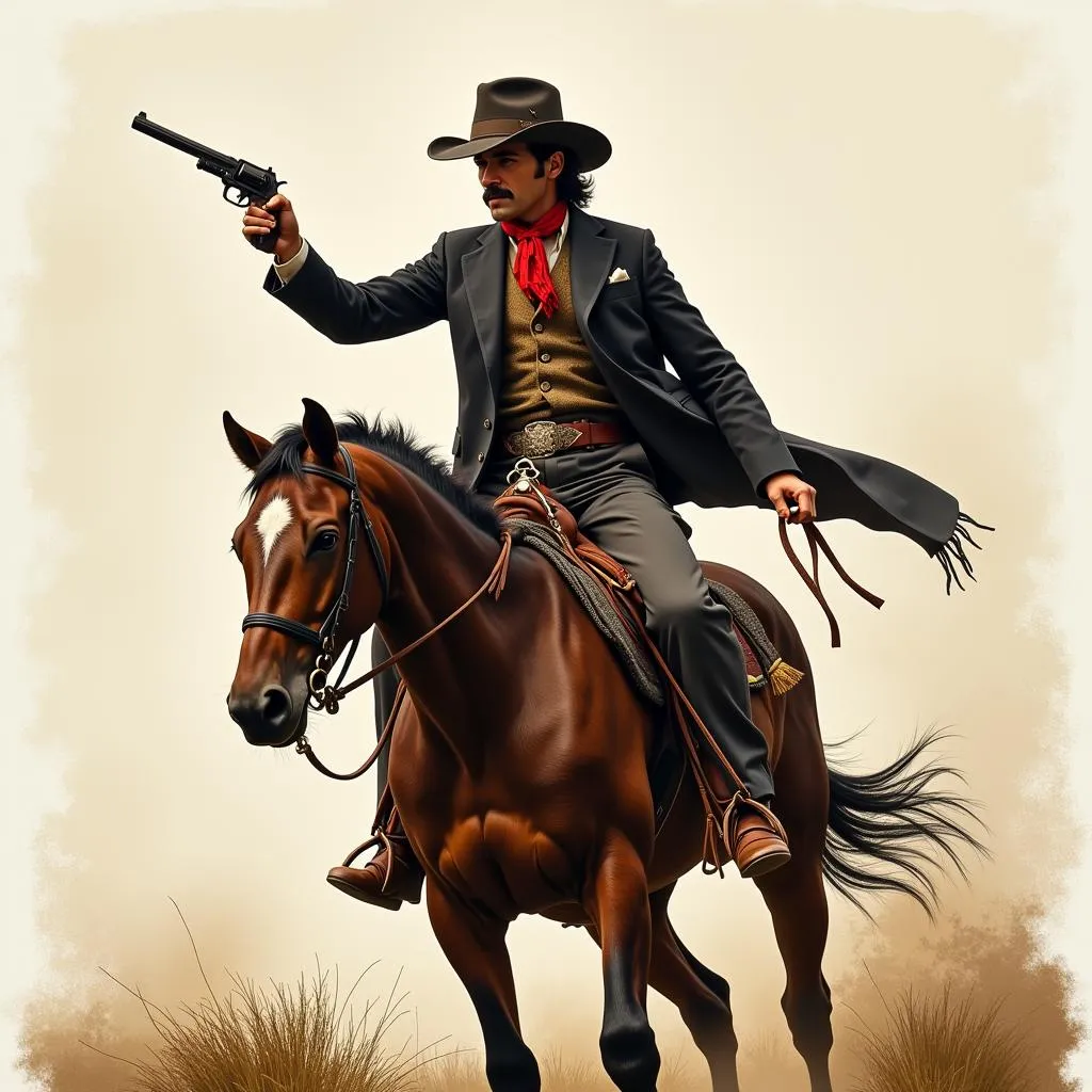 Doc Holliday riding his horse with a gun in his hand